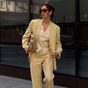 HAVE‎ Linen Polka Dot Butter Yellow Blazer Small Cottage Scandi Layering 90s